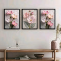 Set of 3 Framed Floral Wall Paintings for Living Room & Bedroom – Pink & White Pastel Flowers