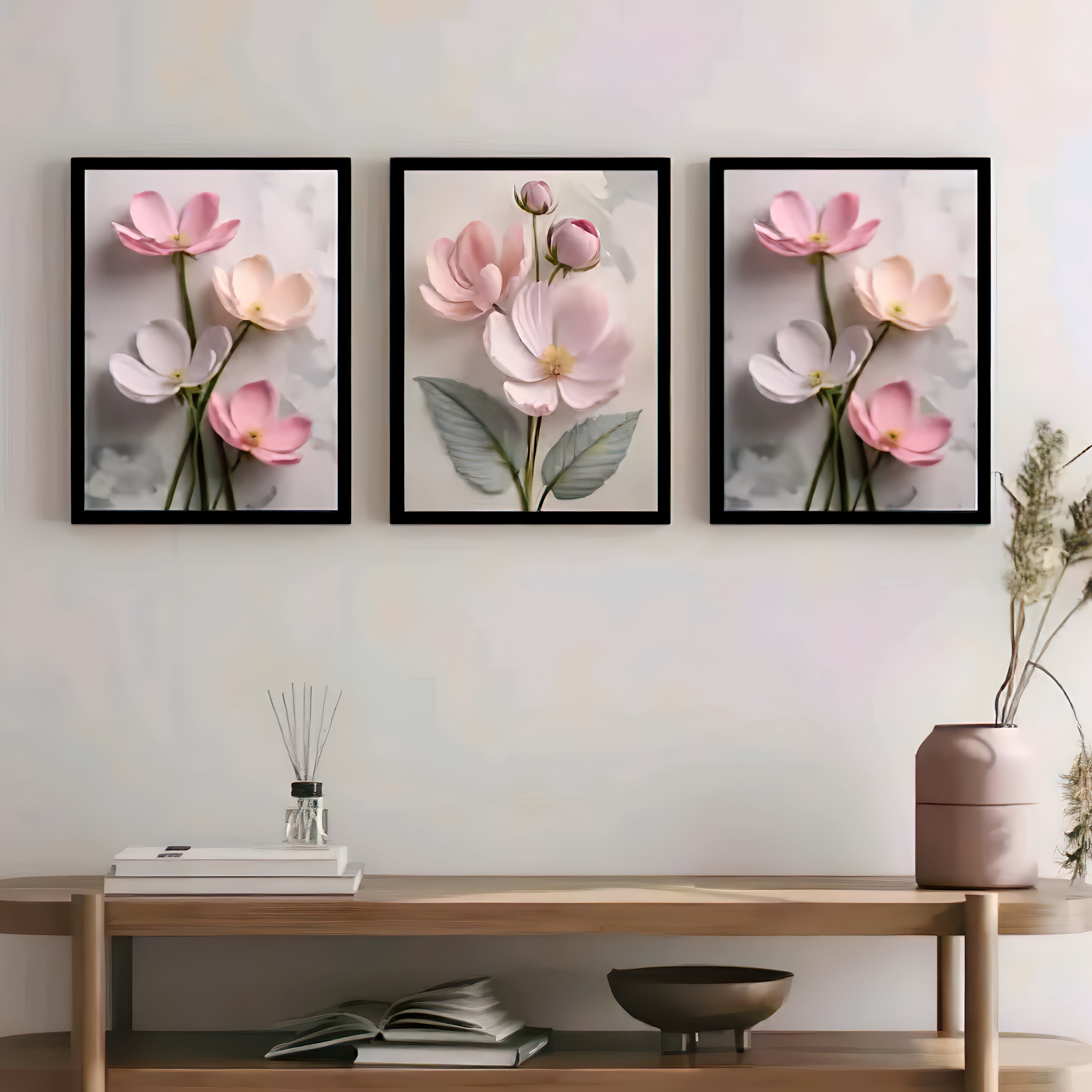 Set of 3 Framed Floral Wall Paintings for Living Room & Bedroom – Pink & White Pastel Flowers