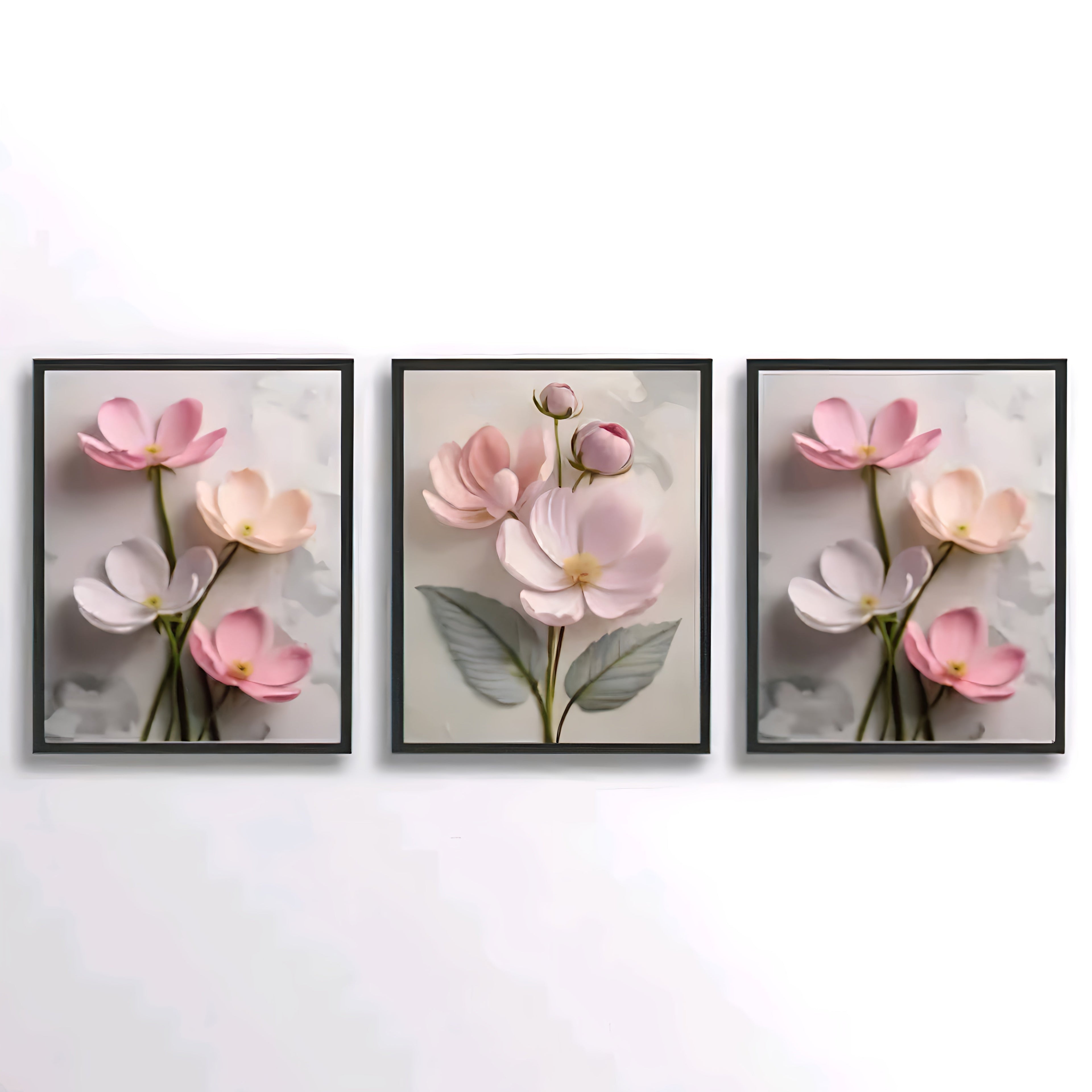Set of 3 Framed Floral Wall Paintings for Living Room & Bedroom – Pink & White Pastel Flowers