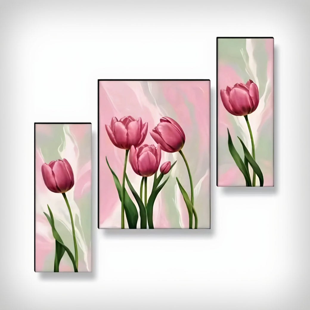 SAF Pink Tulip Flower Wall Painting Set of 3 | MDF Board Panel Artwork for Living Room, Bedroom & Office Décor | Pastel Pink Floral Design