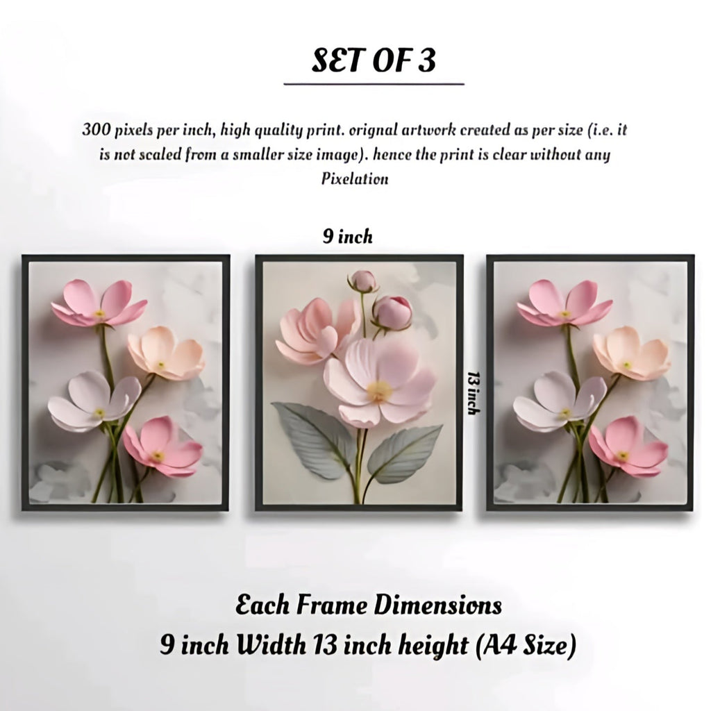 Set of 3 Framed Floral Wall Paintings for Living Room & Bedroom – Pink & White Pastel Flowers