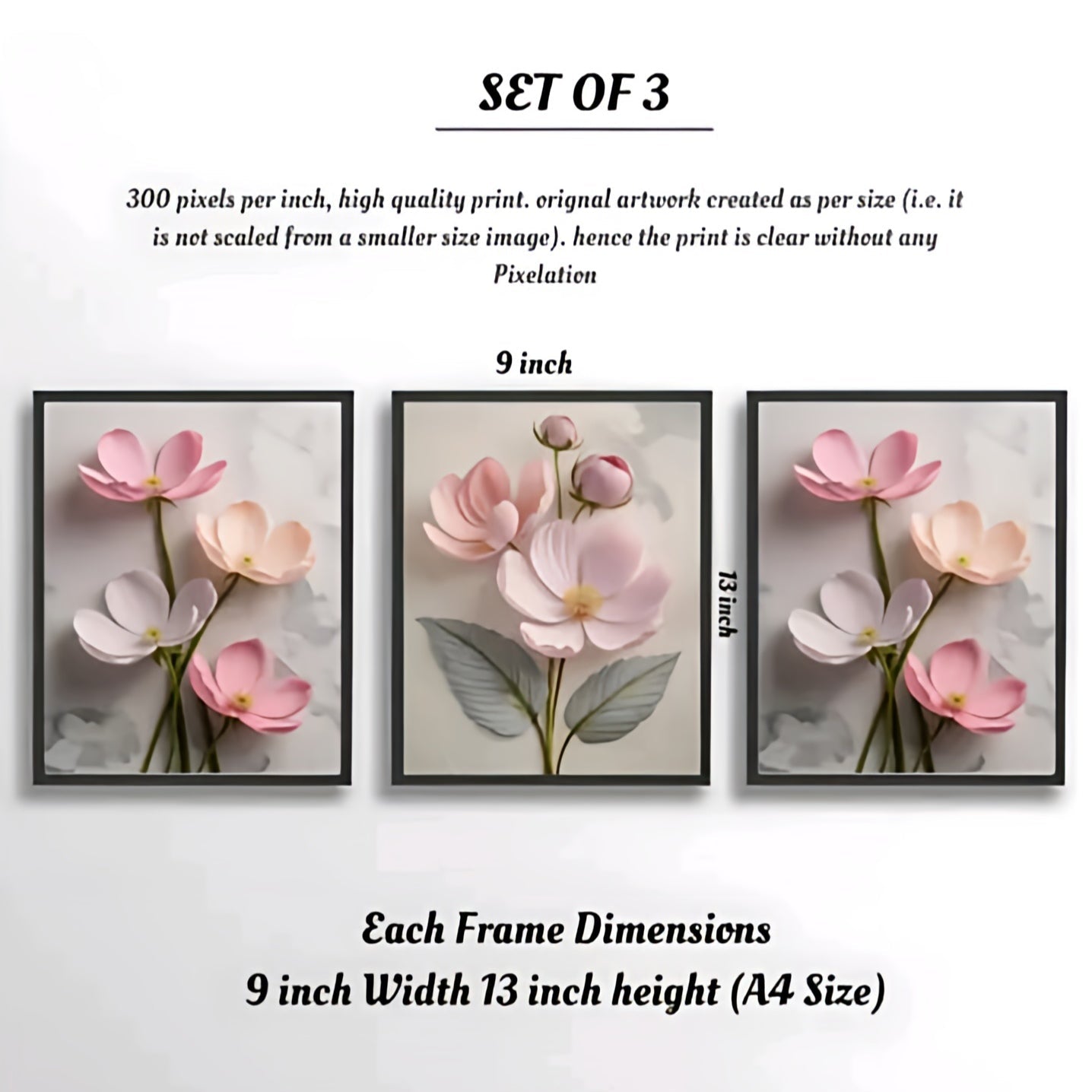Set of 3 Framed Floral Wall Paintings for Living Room & Bedroom – Pink & White Pastel Flowers