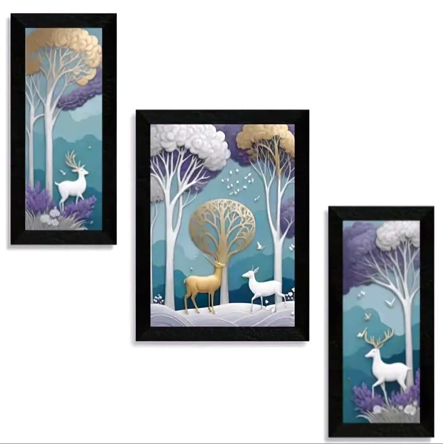 Modern 3-Piece Deer & Trees Triptych - Framed Nature Wall Decor