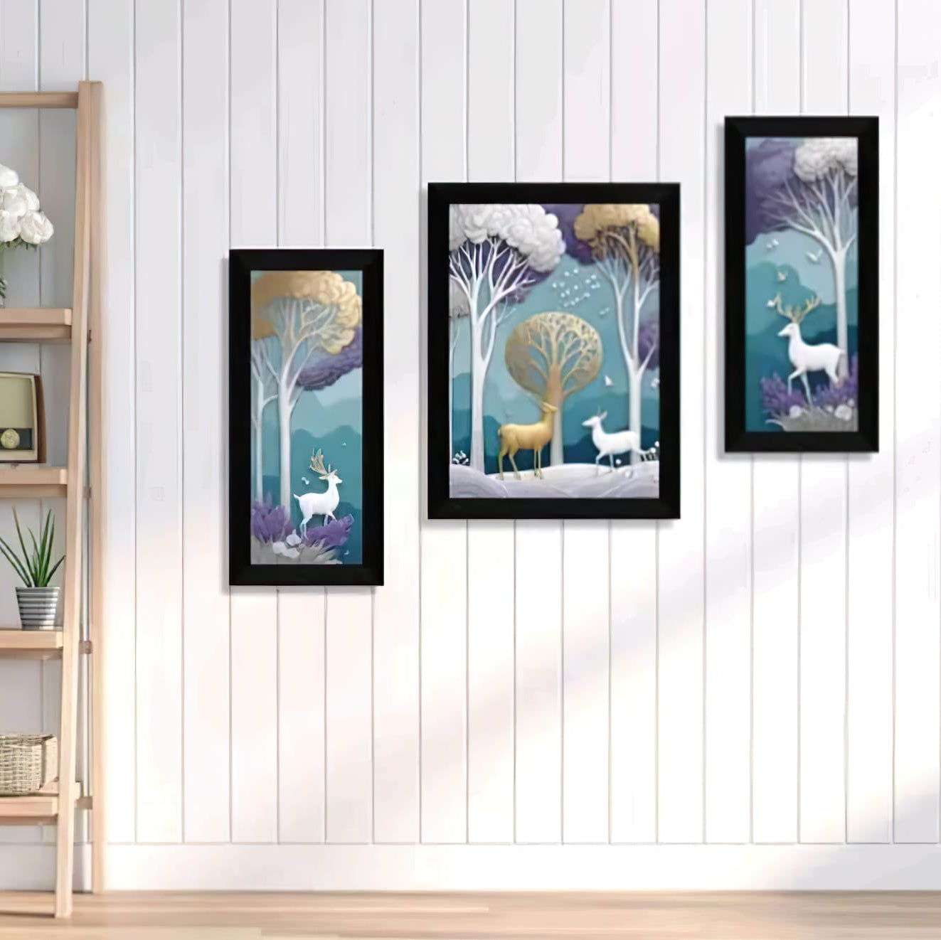 Modern 3-Piece Deer & Trees Triptych - Framed Nature Wall Decor