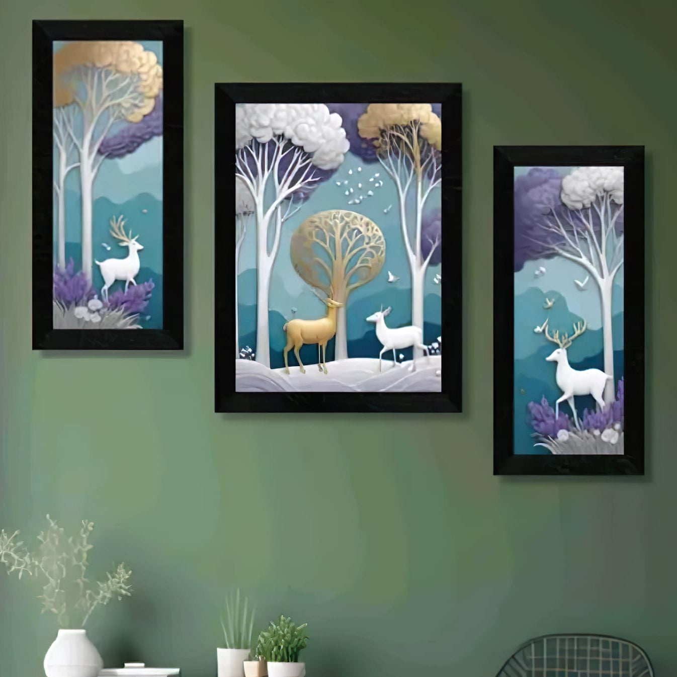 Modern 3-Piece Deer & Trees Triptych - Framed Nature Wall Decor