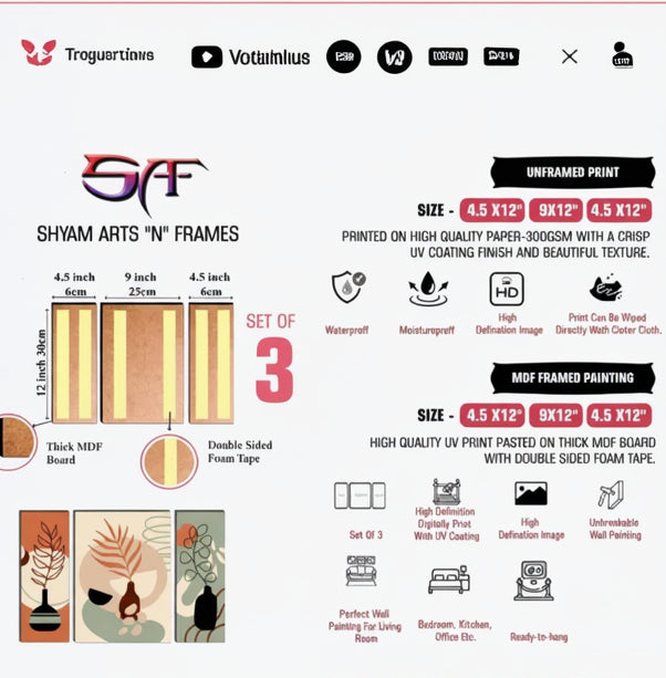 SAF paintings set of 3 flower pot UV textured self adeshive wall painting for home decoration 12 inch x 18 inch