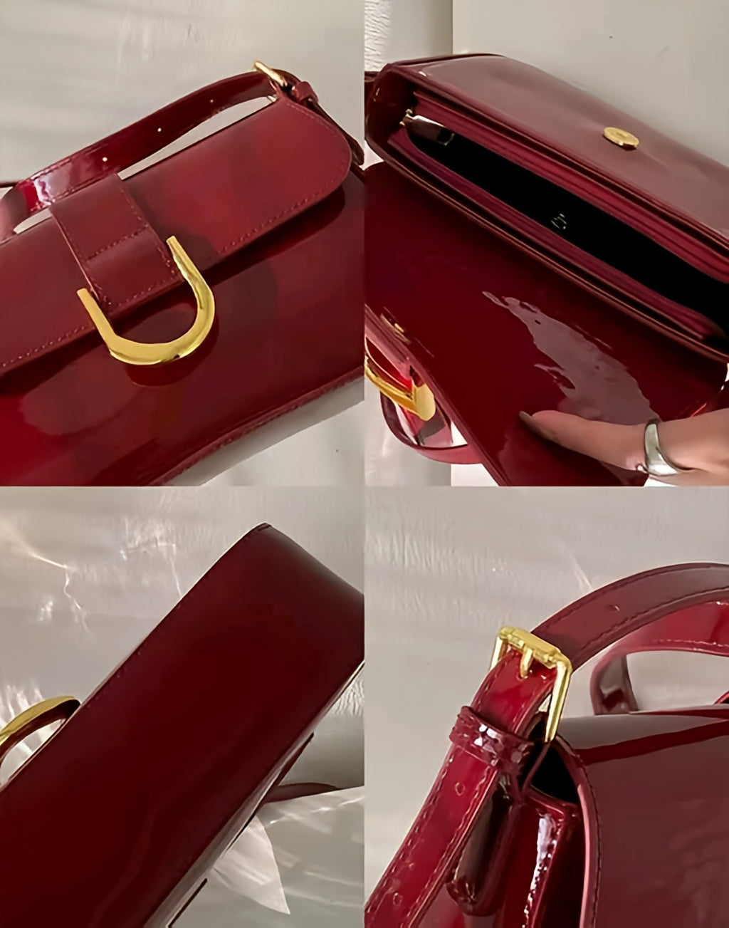 Vintage-Inspired Cherry Red Patent Leather Shoulder Bag with Gold Horseshoe Buckle