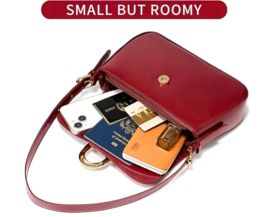 Vintage-Inspired Cherry Red Patent Leather Shoulder Bag with Gold Horseshoe Buckle