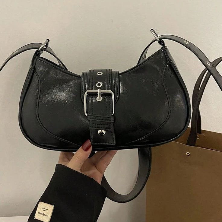 Vintage-Style Buckle Detail Half Moon Sling Bag