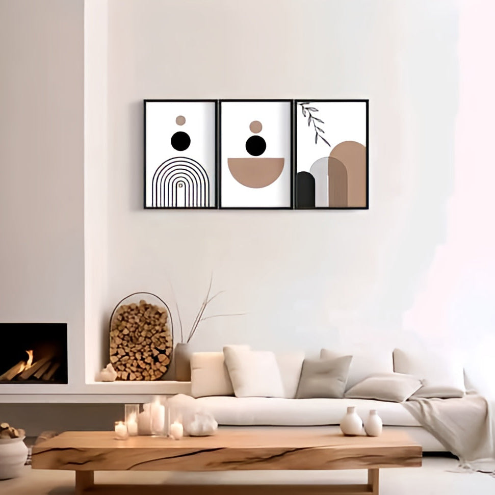 Boho Minimalist Earth Tone Wall Art Set - Geometric Abstract Canvas Prints (Set of 3)