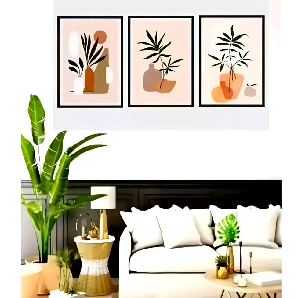 Boho Botanical Abstract Wall Art – Set of 3 Minimalist Earth Tone Framed Canvas Prints