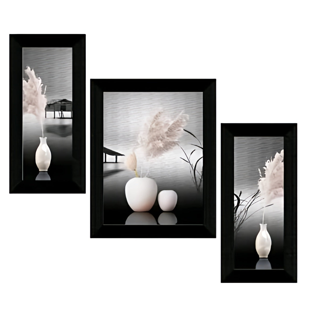 SAF Modern Flower Pot & Feather Wall Art Set – Set of 3 Black & White UV Textured Framed Paintings