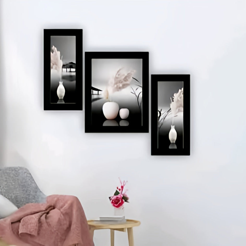 SAF Modern Flower Pot & Feather Wall Art Set – Set of 3 Black & White UV Textured Framed Paintings