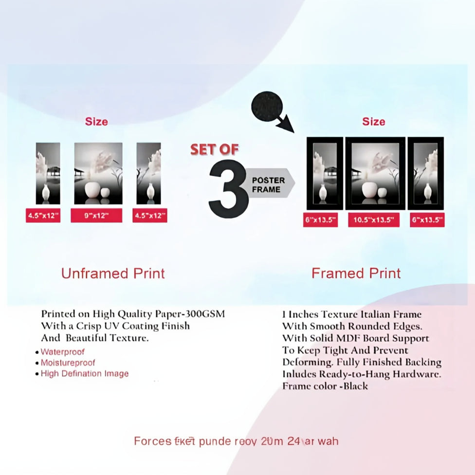 SAF Modern Flower Pot & Feather Wall Art Set – Set of 3 Black & White UV Textured Framed Paintings