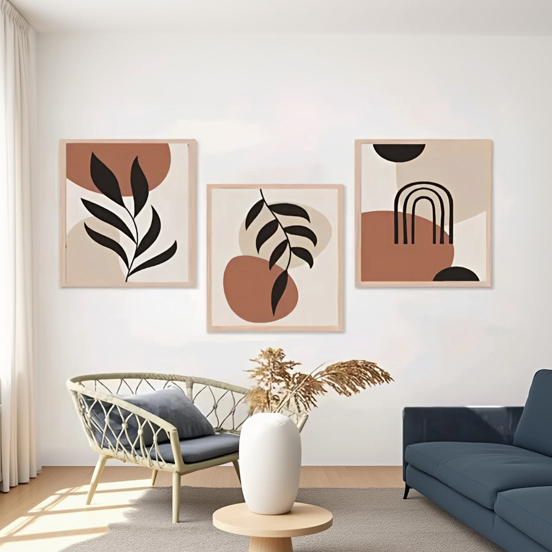 Modern Boho Abstract Wall Art - Set of 3 Minimalist Botanical & Geometric Canvas Prints