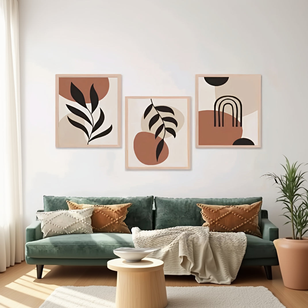 Modern Boho Abstract Wall Art - Set of 3 Minimalist Botanical & Geometric Canvas Prints