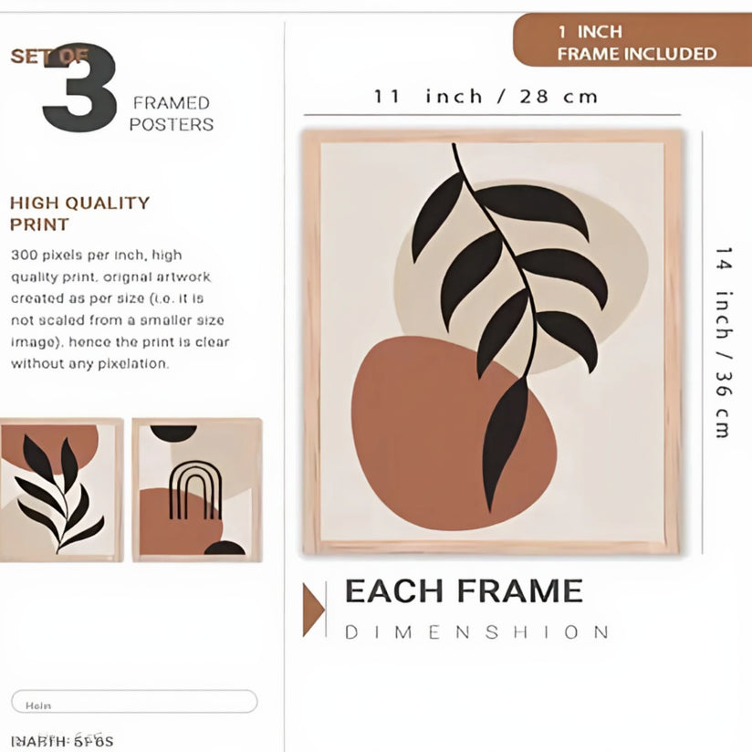 Modern Boho Abstract Wall Art - Set of 3 Minimalist Botanical & Geometric Canvas Prints