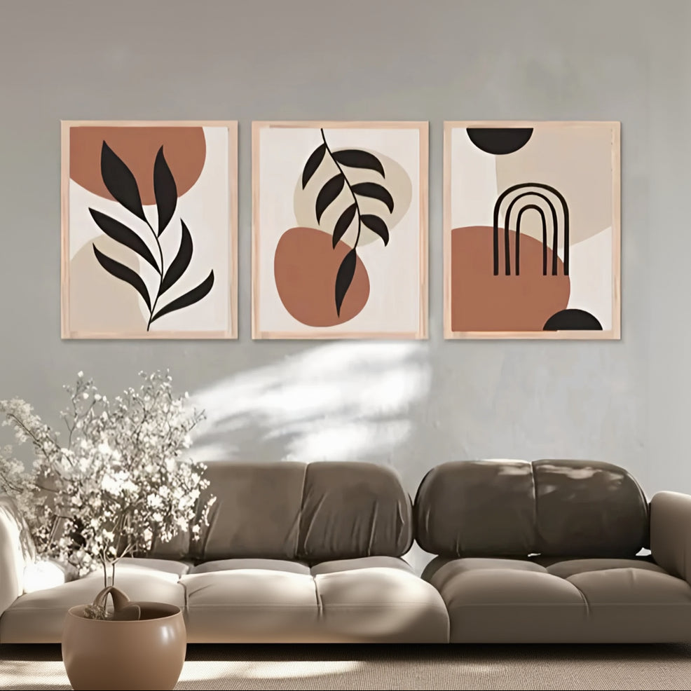 Modern Boho Abstract Wall Art - Set of 3 Minimalist Botanical & Geometric Canvas Prints