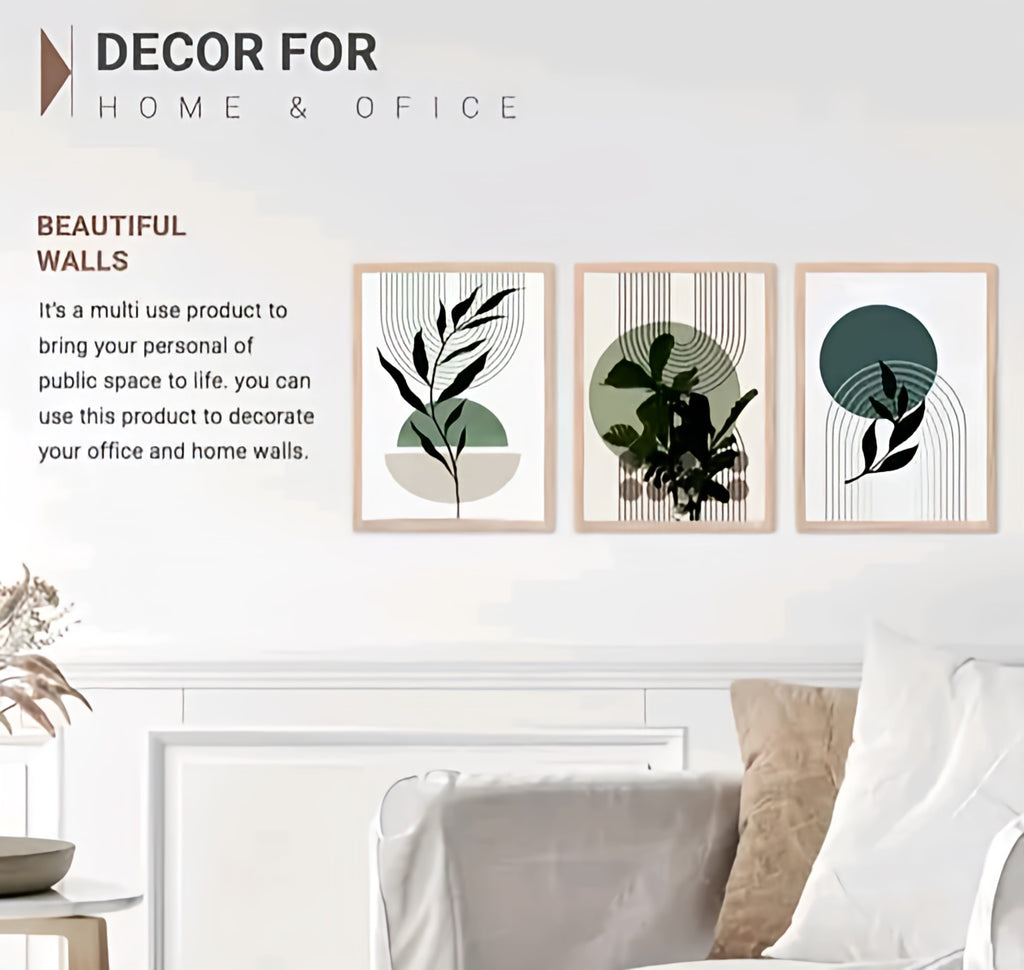 Modern Sage & Emerald Boho Wall Art Set - Set of 3 Abstract Botanical Canvas Prints with Arch & Circle Motifs