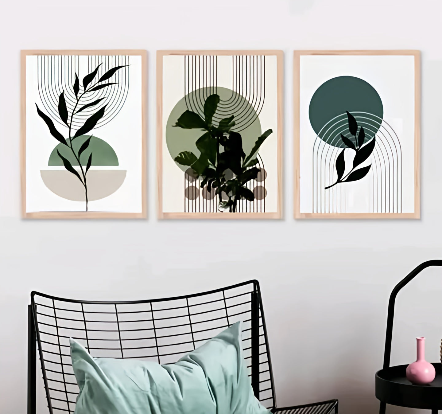 Modern Sage & Emerald Boho Wall Art Set - Set of 3 Abstract Botanical Canvas Prints with Arch & Circle Motifs