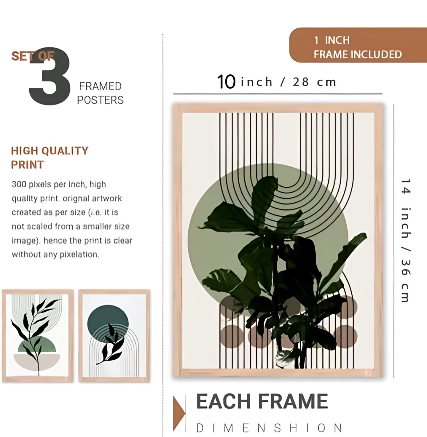 Modern Sage & Emerald Boho Wall Art Set - Set of 3 Abstract Botanical Canvas Prints with Arch & Circle Motifs