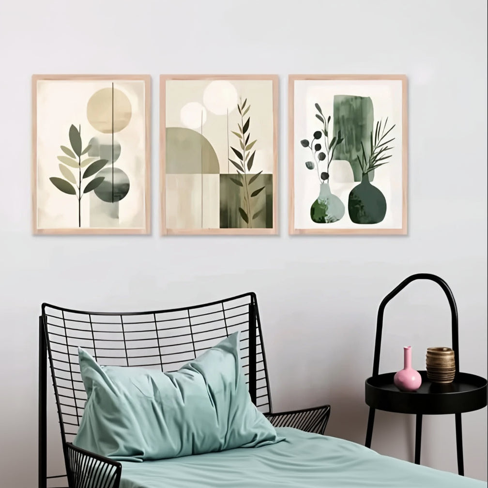 Sage & Moss Botanical Triptych – Set of 3 Minimalist Boho Framed Canvas Prints