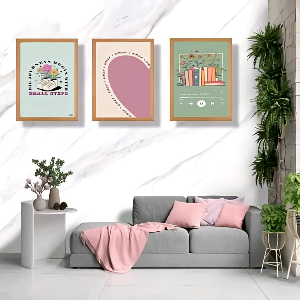 Sage & Blush Aesthetic Motivational Art - Set of 3 Minimalist Framed Canvas Prints