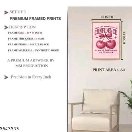 Coquette Pink Aesthetic Motivational Set – Set of 3 Retro Cherry, Bow, & Vintage Telephone Wall Art Frames