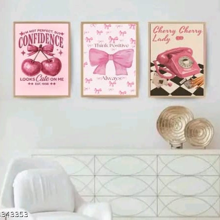 Coquette Pink Aesthetic Motivational Set – Set of 3 Retro Cherry, Bow, & Vintage Telephone Wall Art Frames
