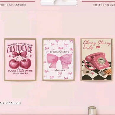 Coquette Pink Aesthetic Motivational Set – Set of 3 Retro Cherry, Bow, & Vintage Telephone Wall Art Frames