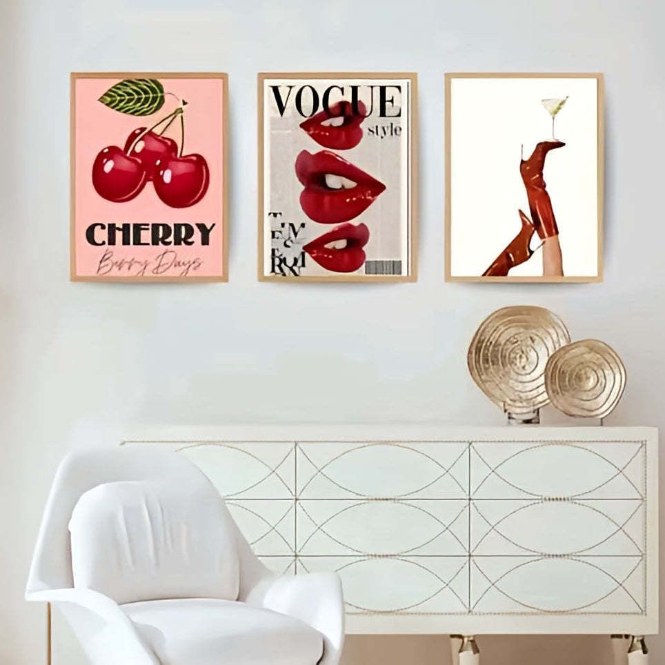 Modern Coquette & High-Fashion Wall Art Set – Set of 3 Bold Red & Pink Aesthetic Framed Prints
