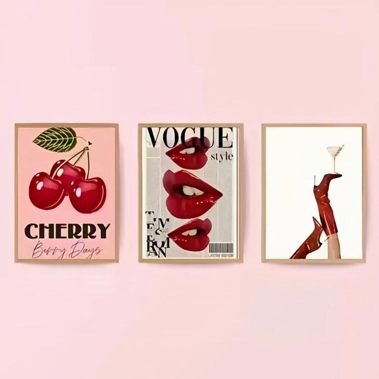 Modern Coquette & High-Fashion Wall Art Set – Set of 3 Bold Red & Pink Aesthetic Framed Prints
