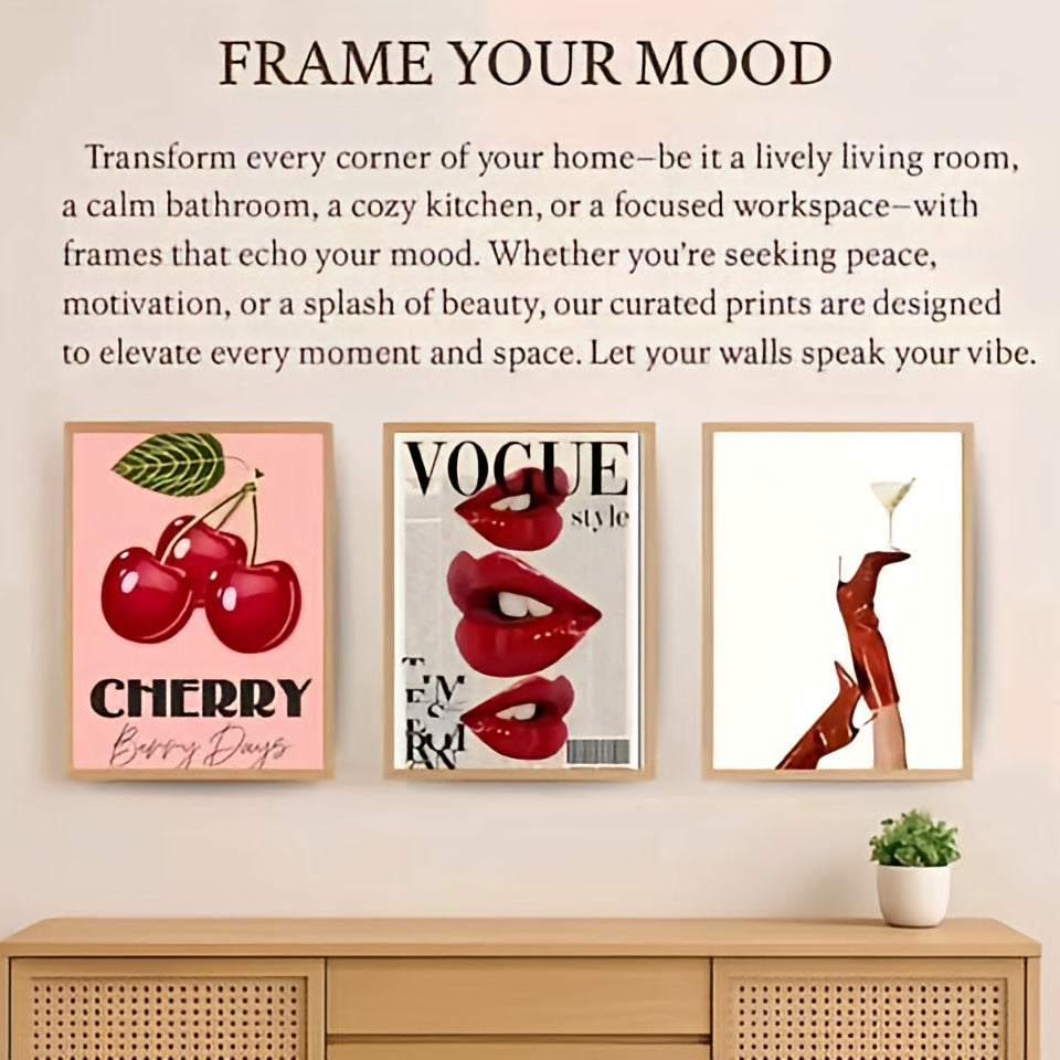 Modern Coquette & High-Fashion Wall Art Set – Set of 3 Bold Red & Pink Aesthetic Framed Prints
