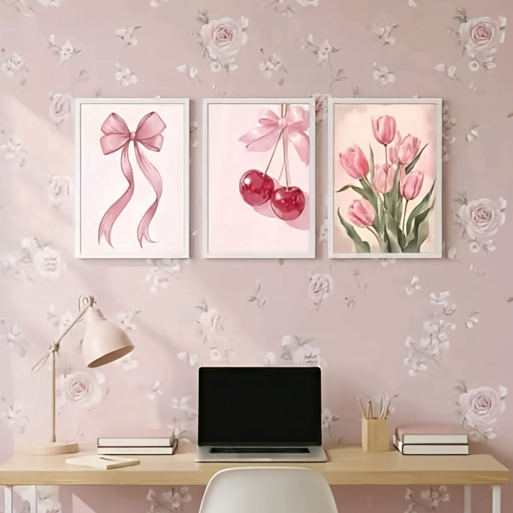 Girls Theme 3 Canvas Set Painting – Preppy Watercolor Pink Bow, Cherry, & Tulip Wall Art