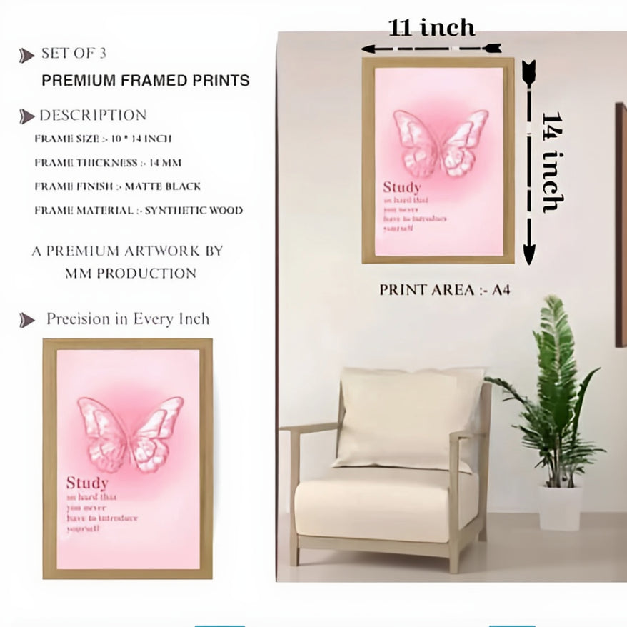 Pinteresty Girl Theme 3 Piece Wall Art Set – Retro Pink Newspaper, Coquette Telephone & Motivational Butterfly Framed Prints