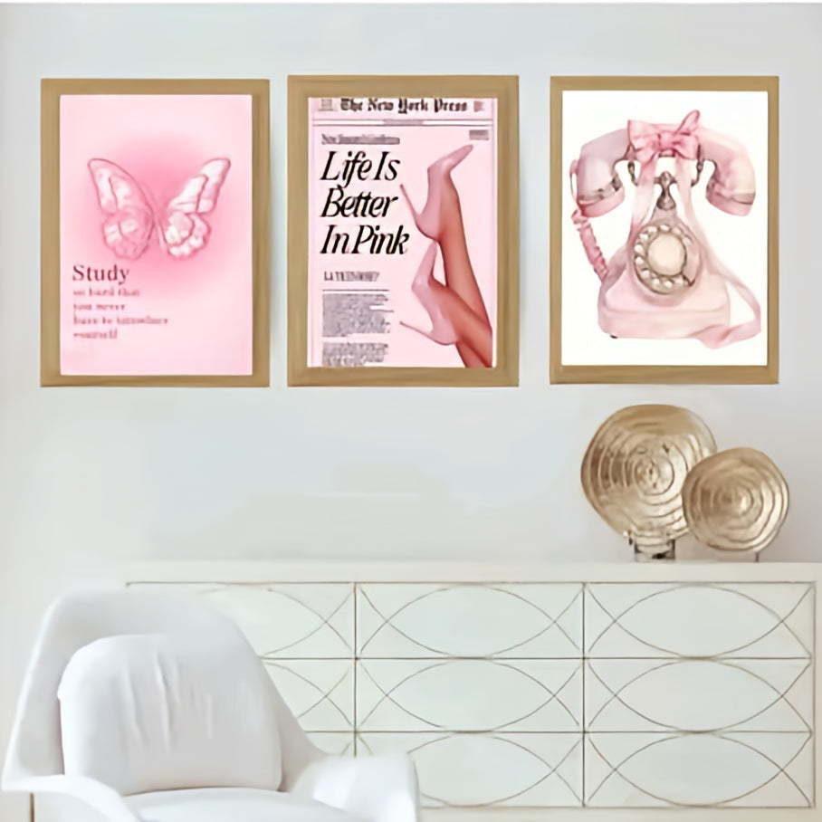 Pinteresty Girl Theme 3 Piece Wall Art Set – Retro Pink Newspaper, Coquette Telephone & Motivational Butterfly Framed Prints