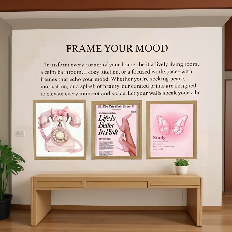 Pinteresty Girl Theme 3 Piece Wall Art Set – Retro Pink Newspaper, Coquette Telephone & Motivational Butterfly Framed Prints