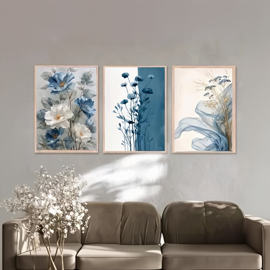 Elegant Indigo Botanical Triptych – Set of 3 Abstract Floral Framed Canvas Prints