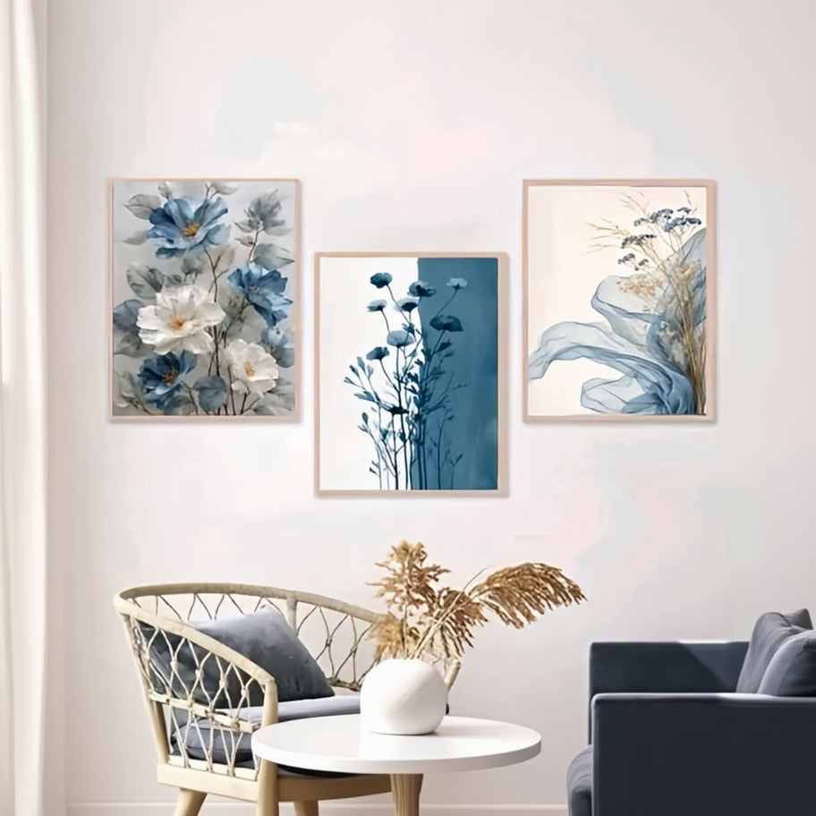 Elegant Indigo Botanical Triptych – Set of 3 Abstract Floral Framed Canvas Prints