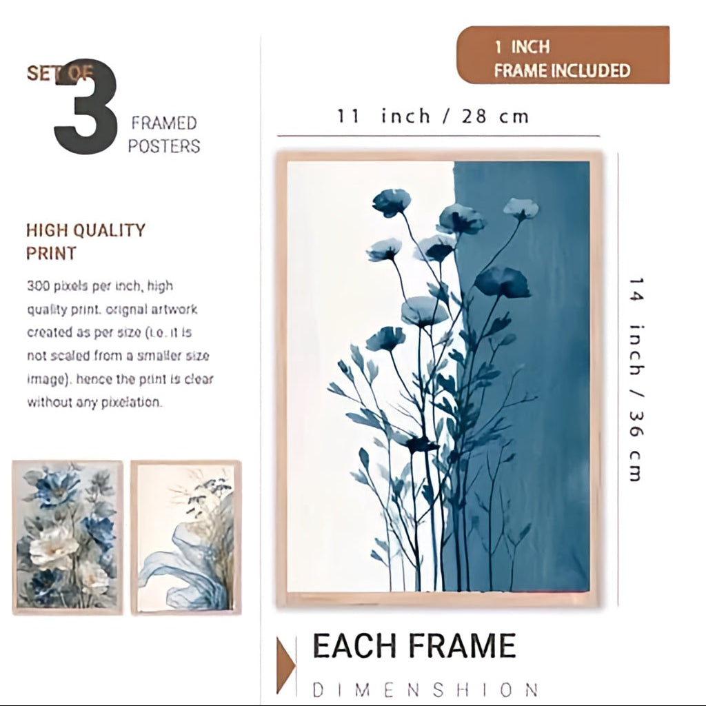 Elegant Indigo Botanical Triptych – Set of 3 Abstract Floral Framed Canvas Prints