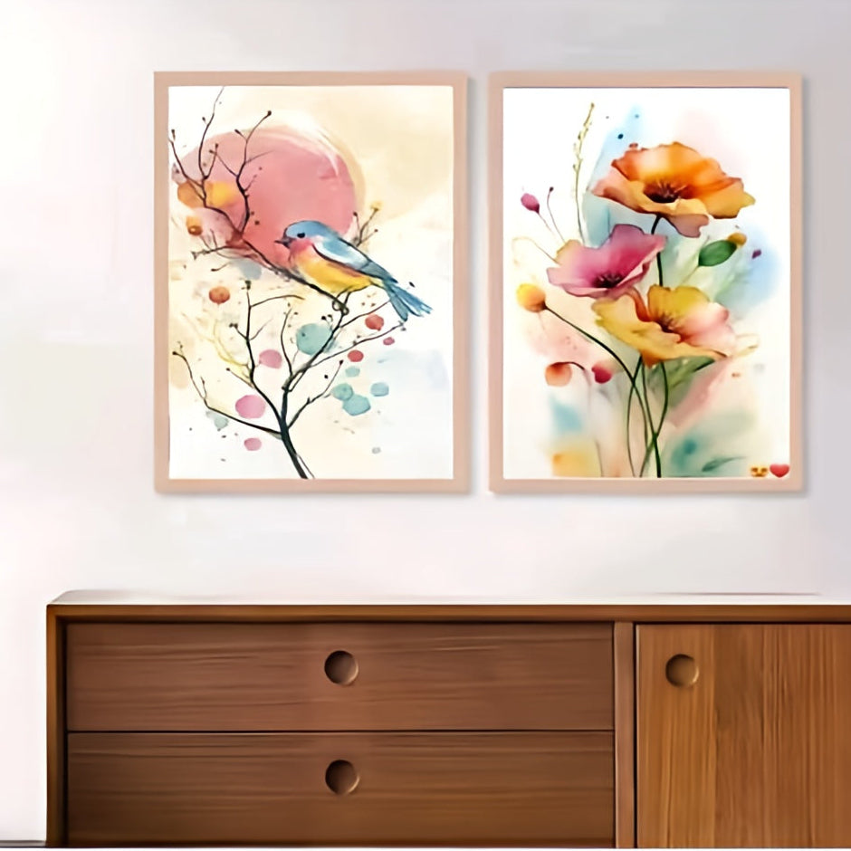 Blossom Whispers: Watercolor Bird & Floral Wall Art Set – Set of 2 Minimalist Nature-Themed Framed Canvas Prints
