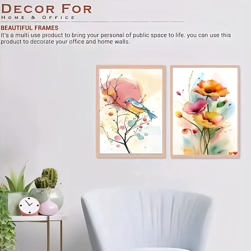 Blossom Whispers: Watercolor Bird & Floral Wall Art Set – Set of 2 Minimalist Nature-Themed Framed Canvas Prints