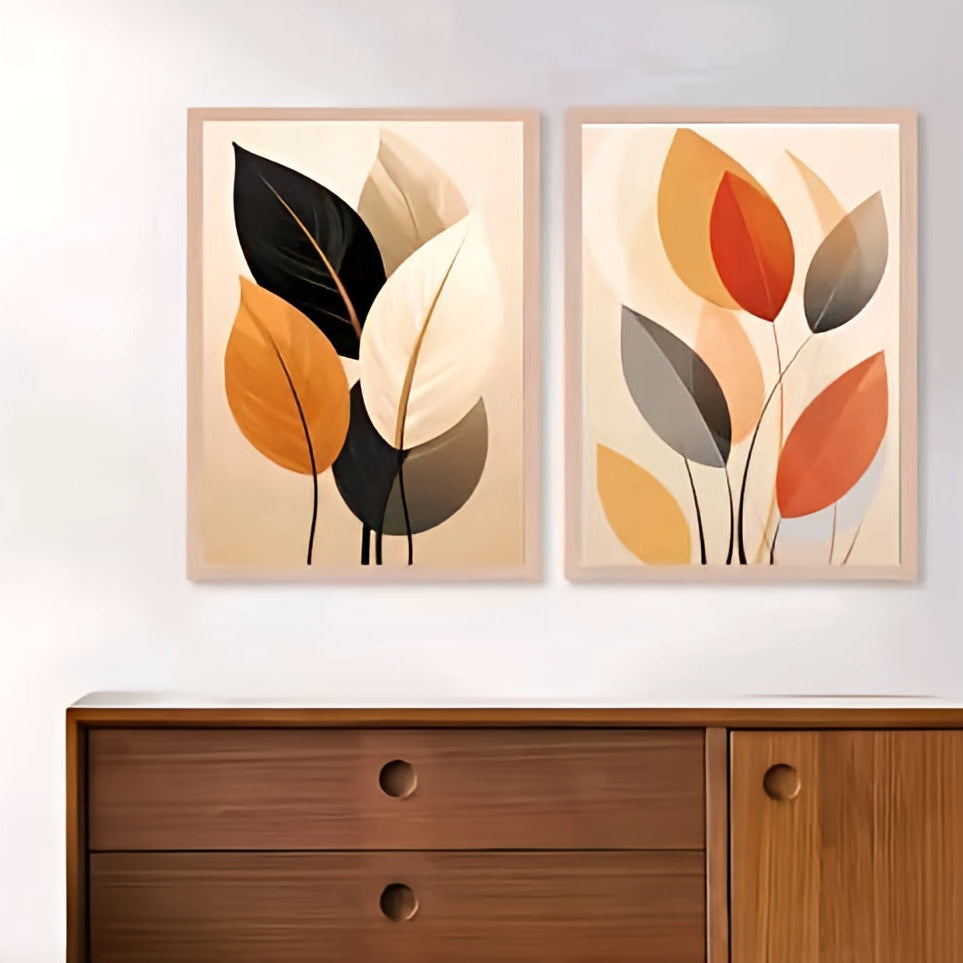 Modern Autumnal Leaf Study – Set of 2 Minimalist Boho Botanical Framed Wall Art