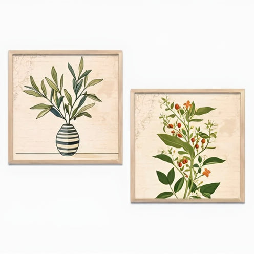 Vintage Botanical Study Set – Set of 2 Minimalist Floral & Leaf Framed Canvas Prints