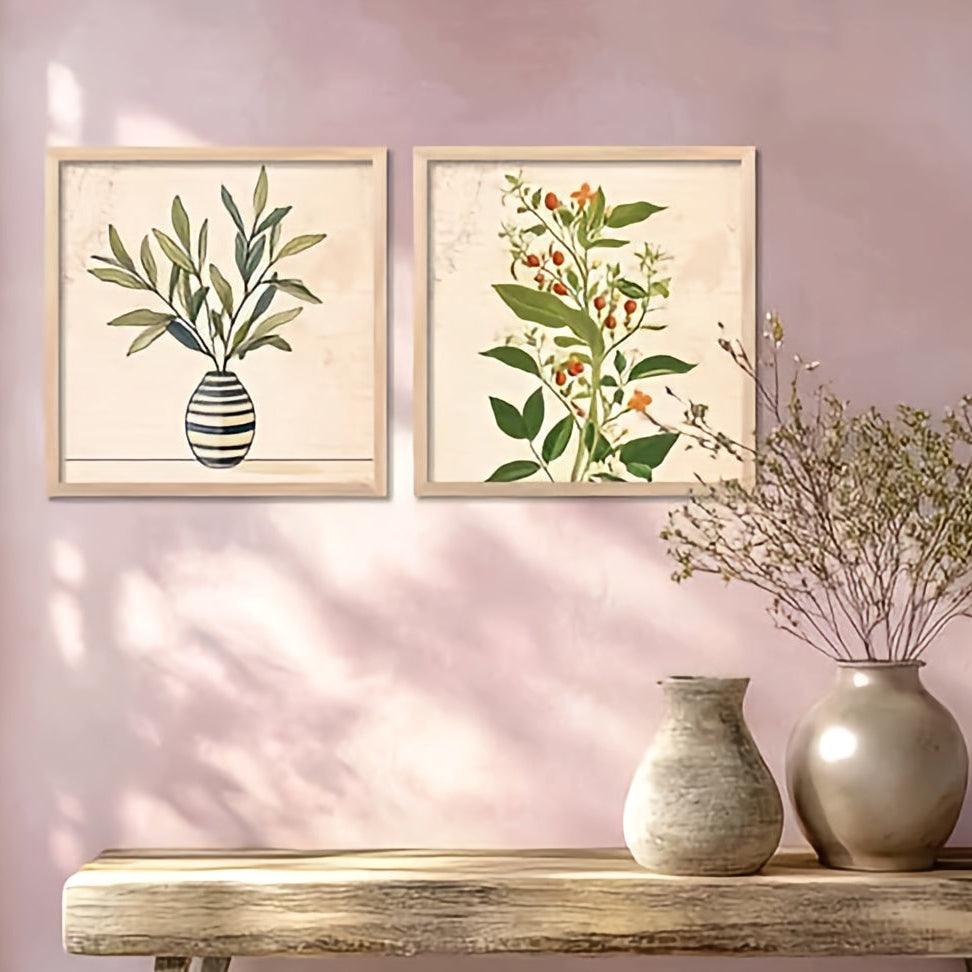 Vintage Botanical Study Set – Set of 2 Minimalist Floral & Leaf Framed Canvas Prints