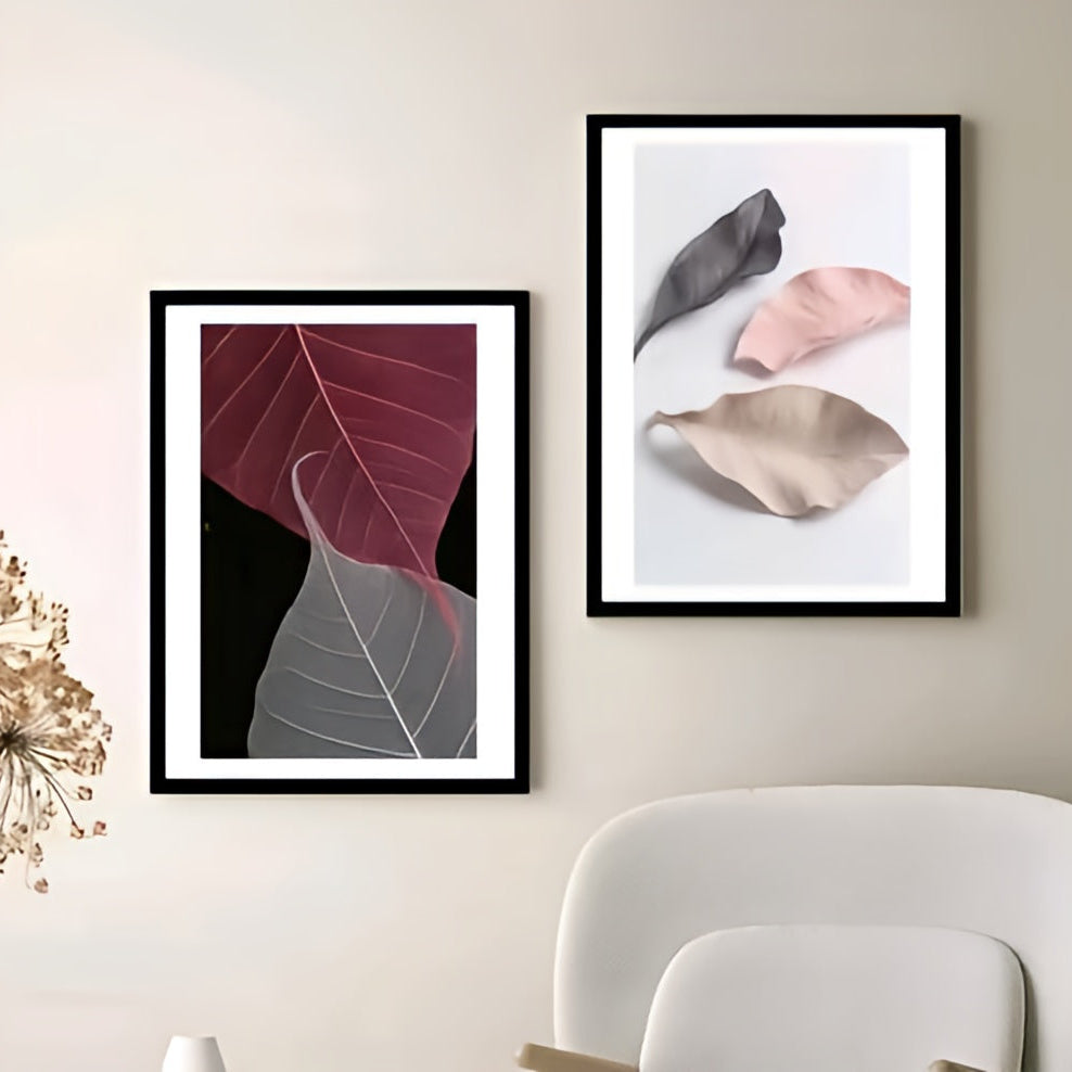Modern Minimalist Skeleton Leaf Wall Art Set – Set of 2 Abstract Botanical Framed Canvas Prints