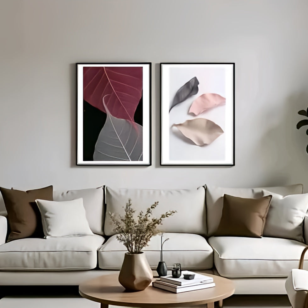 Modern Minimalist Skeleton Leaf Wall Art Set – Set of 2 Abstract Botanical Framed Canvas Prints