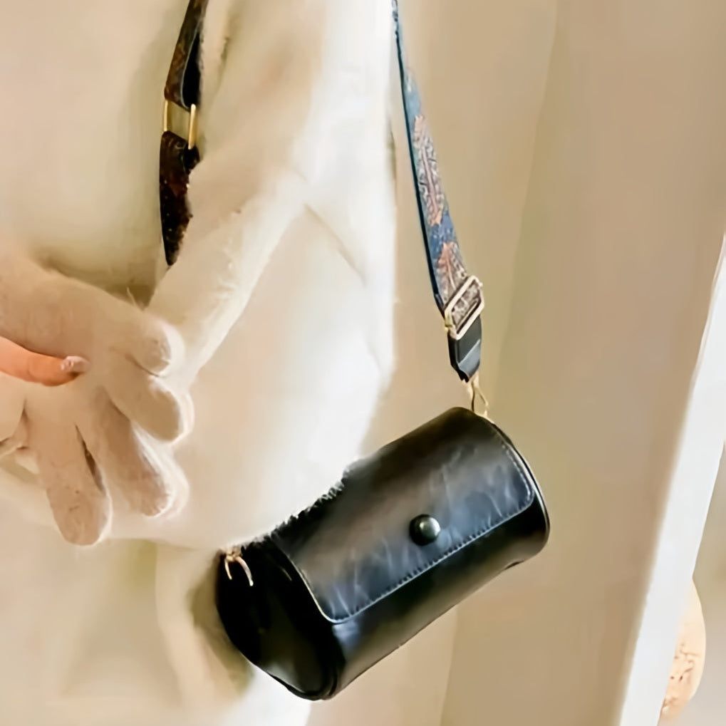 Artisan Cylindrical Crossbody – Mahogany Grain with Embroidered Strap