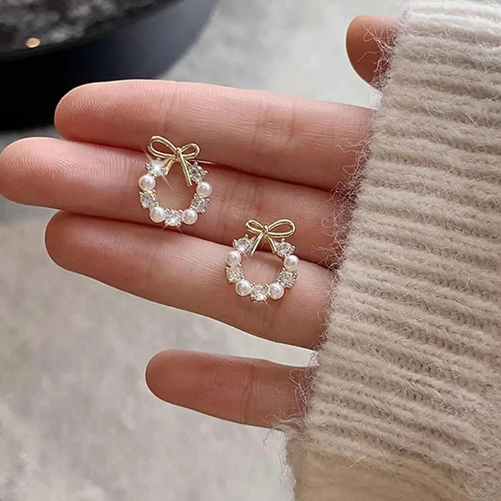 Korean Elegant Bow Wreath Stud Earrings