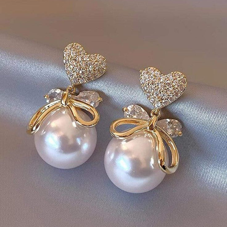 Crystal Heart & Bow Pearl Drop Earrings